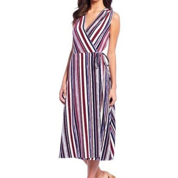 Alex Marie Cassie Dress Size 6 Surplice Wrap Midi Candy Stripe Sunset Sands - Picture 2 of 9